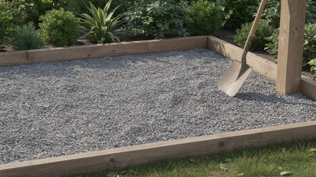 The image shows a completed gravel patio area covered with grey pea gravel, bordered by lush green plants and a wooden frame. A shovel rests against a post, suggesting recent landscaping work involving bulk gravel materials for better drainage and aesthetic appeal.