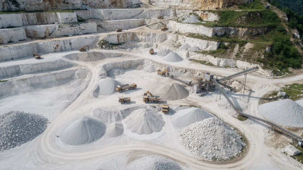 An aerial view of a limestone quarry showcases heavy equipment working amidst large piles of crushed stone in various sizes, including crushed granite and stone dust, ideal for residential and commercial applications. The scene highlights the quarry process and stock quantities of materials like gravel and crushed concrete, essential for landscaping projects and construction.