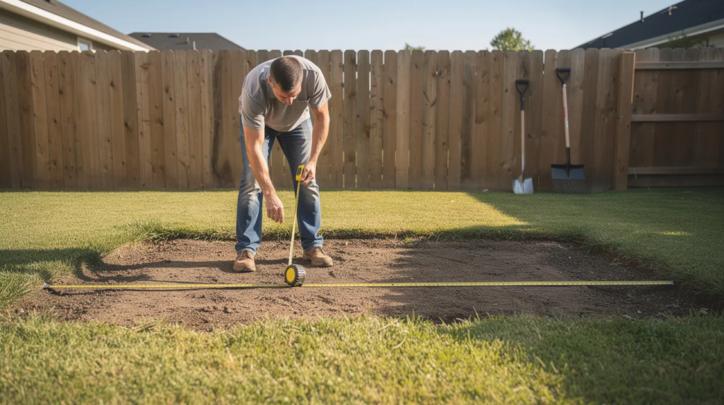 A homeowner is using a tape measure to determine the width and length of a cleared area in their yard, likely for a landscaping project involving materials like crushed stone or gravel. The scene captures the careful measurement process, essential for planning the delivery and cost of products needed for the project.