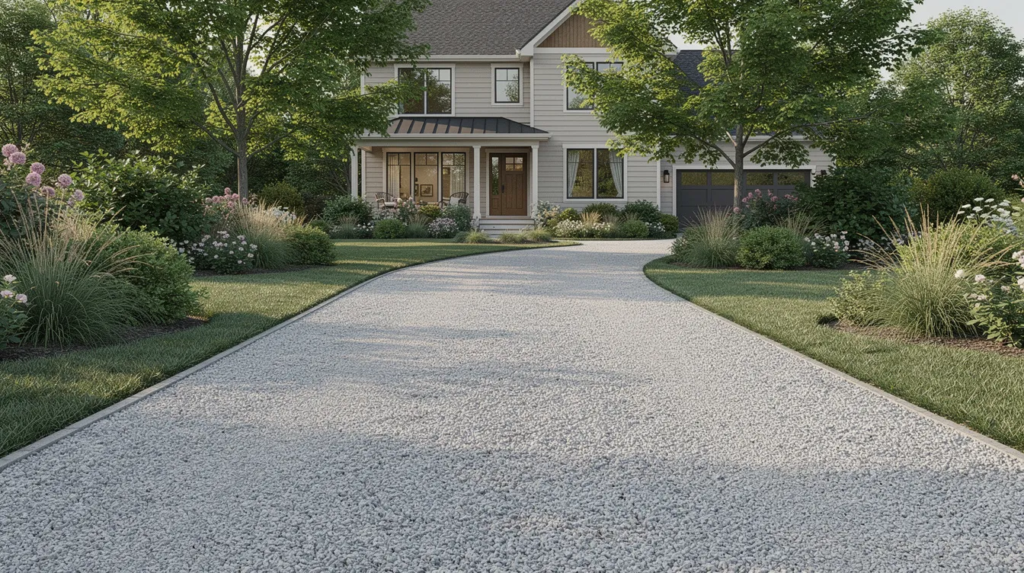 A residential gravel driveway features neatly spread 3/4 crushed stone, leading to a house that is surrounded by lush green landscaping. The angular stone provides excellent stability and serves as a versatile material for both driveways and decorative landscaping.
