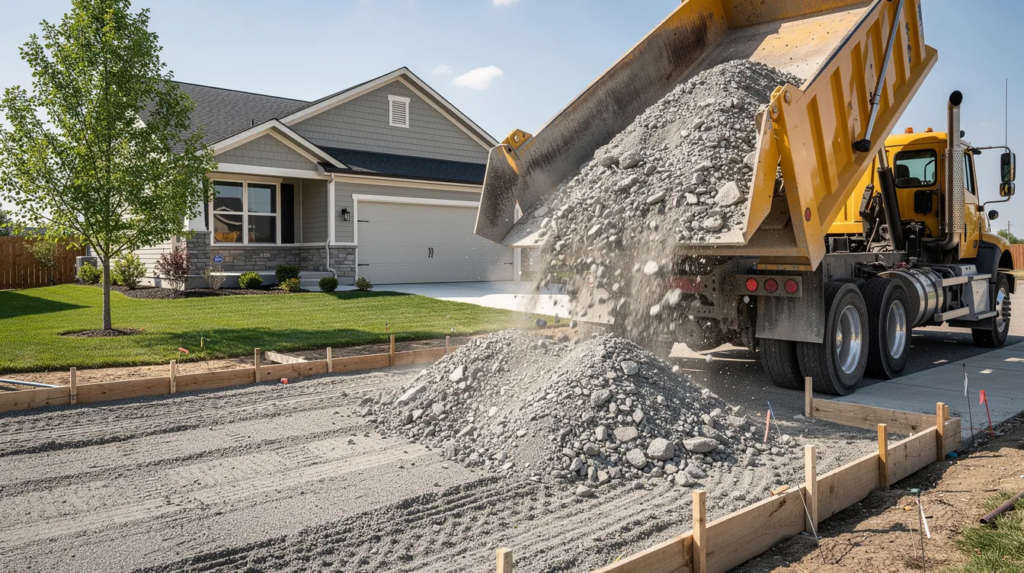 A dump truck is unloading a large pile of gray crushed stone onto a residential driveway site, ready for landscaping projects. The material, which includes gravel and stone dust, will be used to create a durable and attractive surface for the driveway.