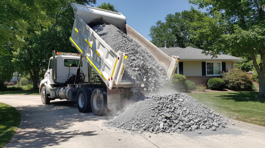 A tandem dump truck is tipping a load of crushed stone onto a residential driveway, with trees in the background providing a natural setting. The crushed stone, often used for landscaping projects, will serve as a durable gravel cover for the driveway, enhancing both its appearance and drainage capabilities.