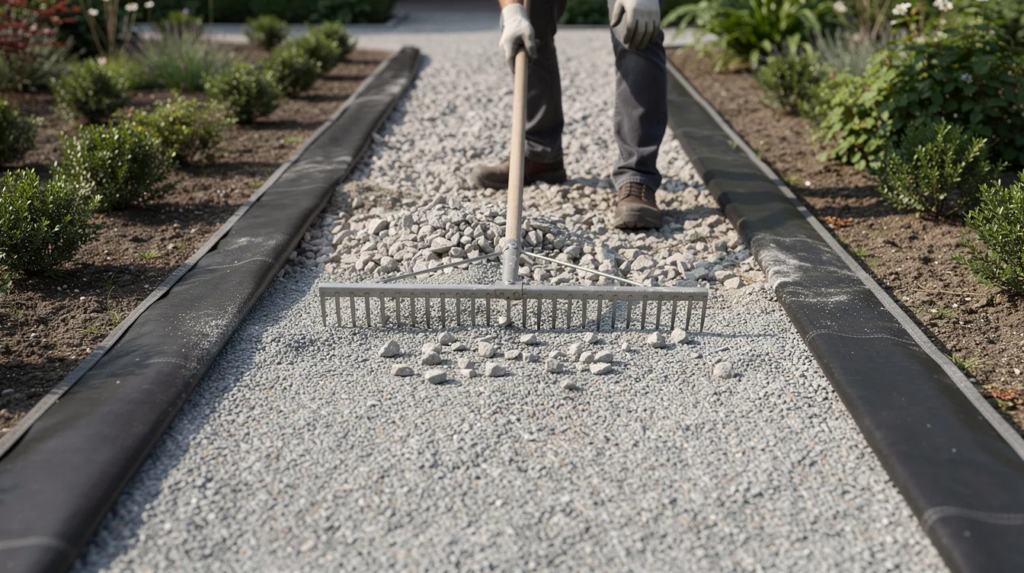 A person is using a metal rake to evenly spread light grey gravel across a garden path, which is bordered by landscape fabric beneath the stone layer for better drainage. The gravel, likely a decorative stone mix, creates a compact and visually appealing surface for walkways.
