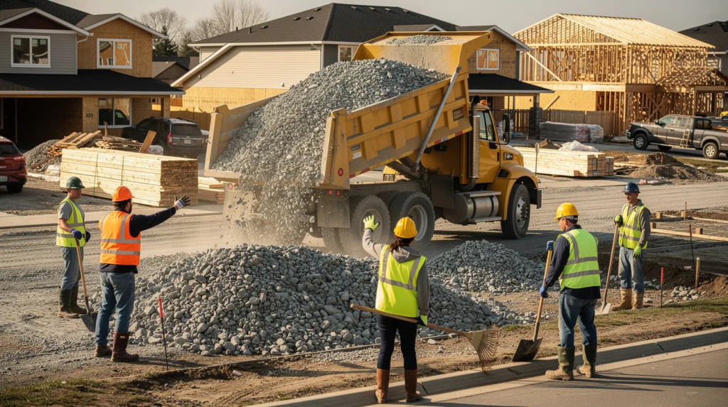 A dump truck is unloading a large pile of crushed stone, specifically 3/4 crushed stone, onto a residential construction site, where workers are nearby preparing for its use in drainage systems and landscaping. The angular stone will provide excellent stability and durability for various applications, including driveways and yard ground cover.