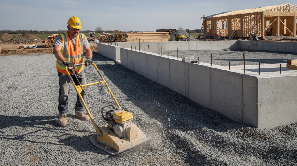 A construction worker is operating a plate compactor on a freshly laid gravel base, which consists of crushed stone and fine gravel, next to a house foundation. The compacted gravel provides a stable surface, essential for construction projects and effective drainage solutions.