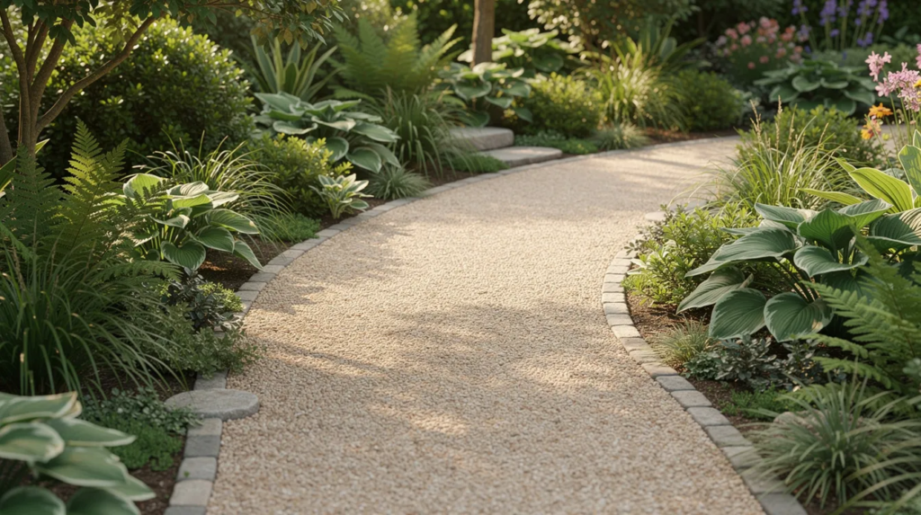 A decorative pea gravel pathway winds through a lush garden, flanked by vibrant green plants on either side. The smooth texture of the gravel enhances the aesthetic appeal of the garden, creating a visually appealing and inviting space for visitors.