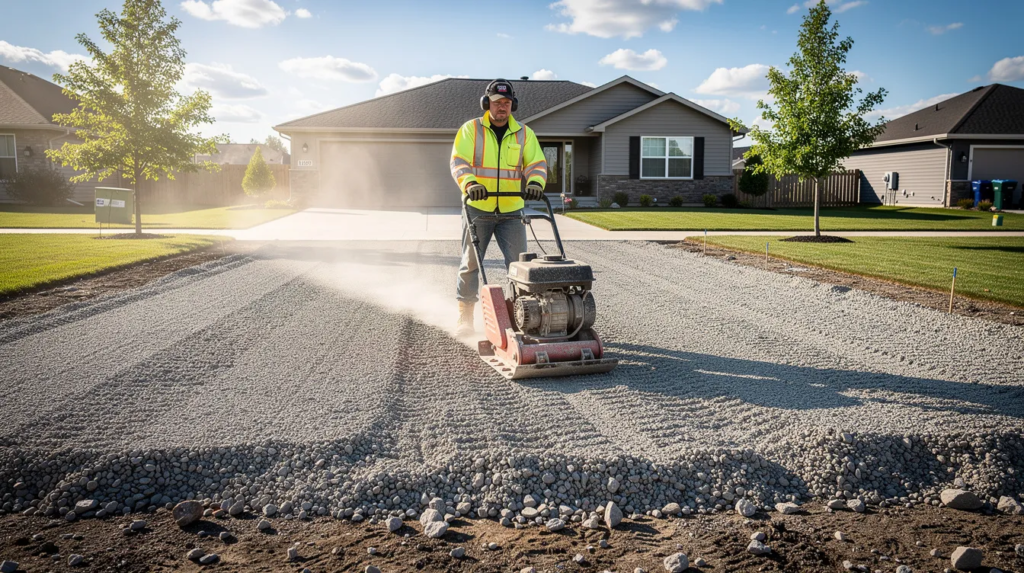 type a gravel A residential gravel driveway is being compacted with a vibrating plate compactor on a sunny day, showcasing the smooth texture of the crushed stone. This construction and landscaping project highlights the versatility of gravel as a cost-effective material for creating stable foundations and excellent drainage solutions.