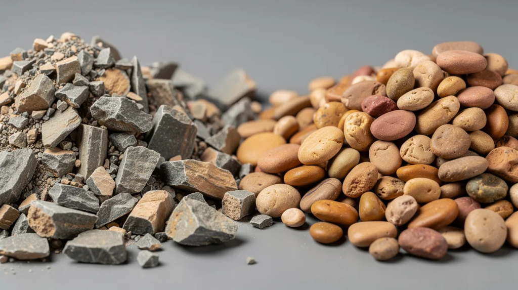 The image shows a close-up view of angular crushed stone aggregate pieces, which are rough and irregular in shape, placed next to smooth, rounded river gravel, highlighting the contrast between the two types of gravel. This comparison illustrates their different textures and potential uses in construction and landscaping projects, such as drainage solutions and decorative purposes.