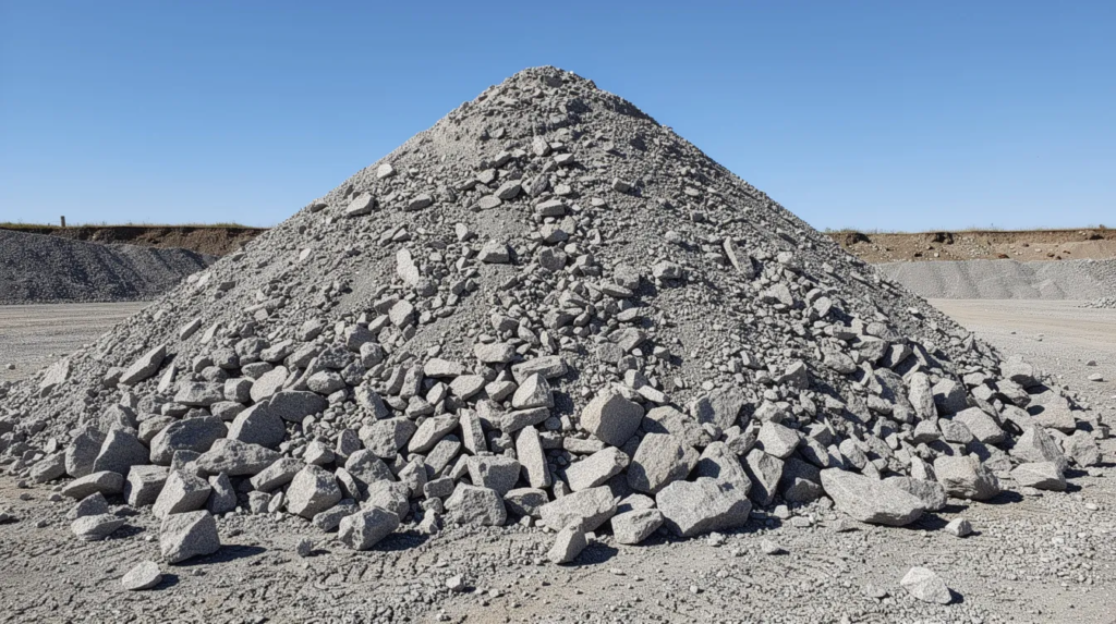 Gravel 1 A large pile of gray crushed gravel stones is prominently displayed in a quarry yard, with a clear blue sky overhead. The gravel, consisting of smooth rock fragments, is commonly used for driveways, walkways, and drainage projects, showcasing a great variety in size and quality.