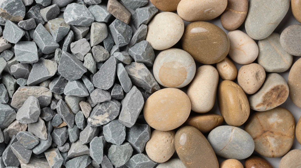 The image features a close-up view of angular gray crushed gravel pieces alongside smooth, rounded river rock pebbles, all arranged on a flat surface. This visual showcases the contrasting textures and shapes of these popular rock fragments, which are commonly used in landscaping projects such as driveways and walkways.