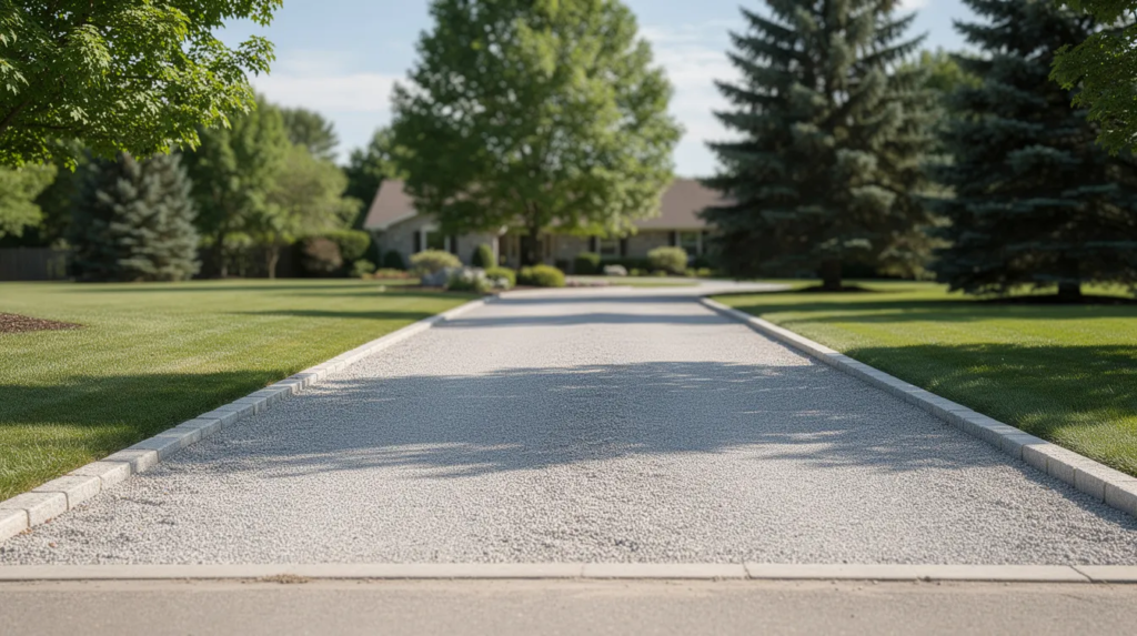 The image features a well-maintained residential driveway made of smooth crushed gravel, bordered neatly by vibrant green lawn and mature trees, creating a picturesque and inviting entrance to the property. The variety of rock fragments in the gravel adds texture and enhances the overall aesthetic of this popular driveway design.