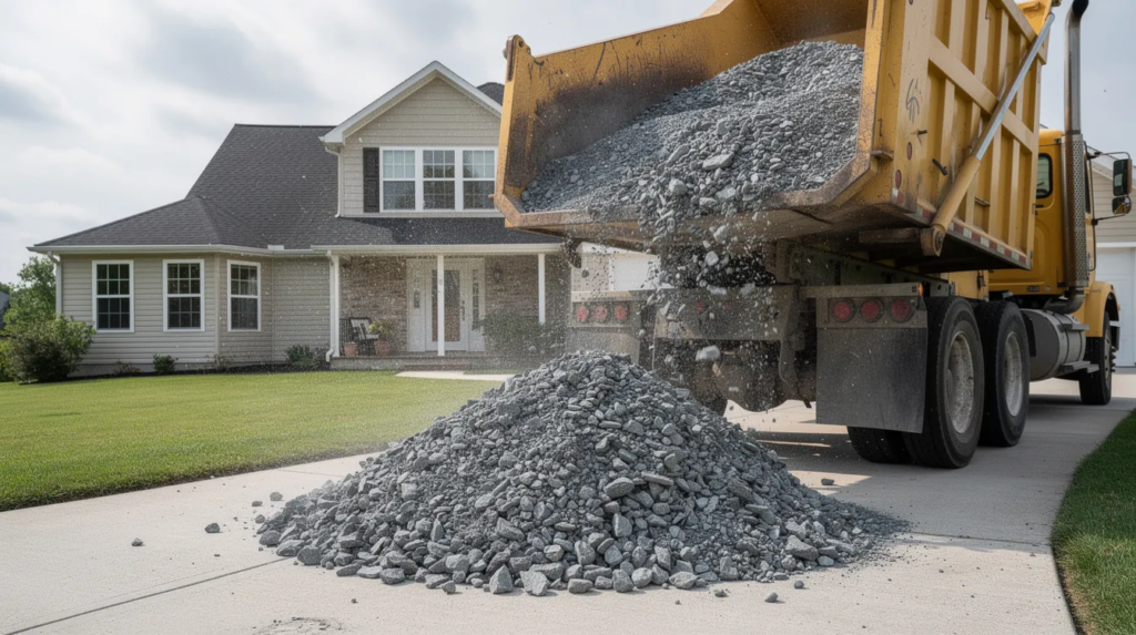A dump truck is unloading a large pile of crushed gray gravel onto a residential driveway, with a house visible in the background. The gravel consists of smooth rock fragments, commonly used for driveways and walkways, showcasing a great variety in size and quality.