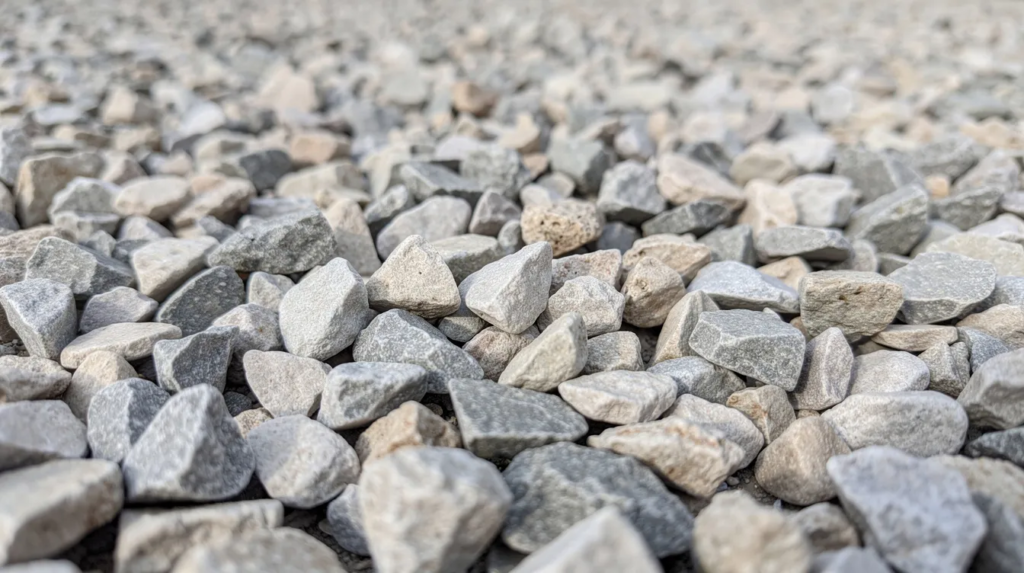 A close-up view of angular crushed limestone pieces in various sizes, resting on a gravel pad, showcasing the distinct characteristics of crushed stone ideal for landscaping projects and drainage applications. The image highlights the stable surface created by these stone aggregates, which can be used for decorative purposes or as a foundation for construction materials.