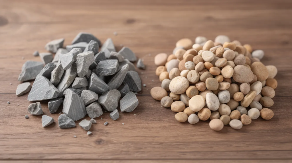 The image shows a side-by-side comparison of angular crushed stone pieces, characterized by their sharp edges, next to smooth, rounded pea gravel with a soft texture, all displayed on a wooden surface. This visual helps explain the differences between gravel or crushed stone, which are commonly used in decorative landscaping and construction projects.