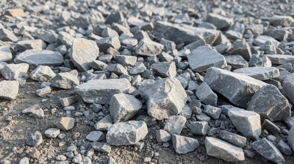 A close-up view of various sizes of angular crushed stone pieces is spread across the ground in a gravel yard, showcasing a range of stone sizes from smaller pieces to larger rocks, suitable for landscaping and erosion control projects. The different types of gravel and stone dust create a sturdy surface, ideal for drainage and construction purposes.