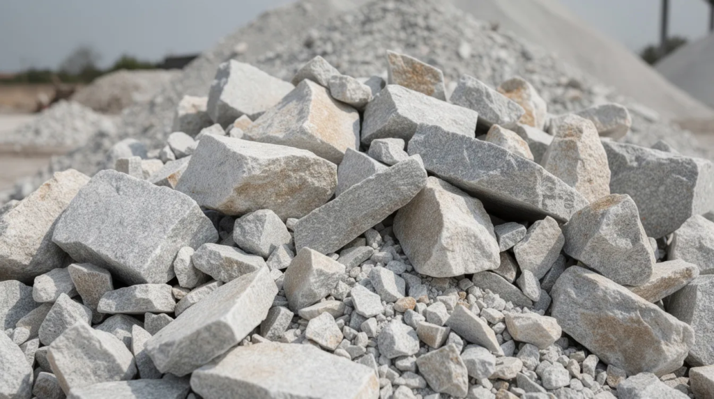 The image shows a close-up view of angular crushed limestone pieces, forming a stockpile at a quarry yard. This crushed stone, commonly used in various construction projects, has a fine texture and is suitable for applications such as drainage systems, landscaping, and as base material for retaining walls.