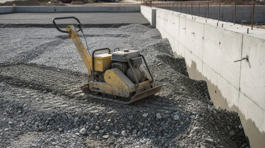 A plate compactor machine is positioned on a freshly spread layer of crushed gravel, ready for use in construction projects, particularly for creating a compacted base layer for building foundations. The gravel, composed of various stone types, offers excellent compaction and stability for residential and commercial applications.