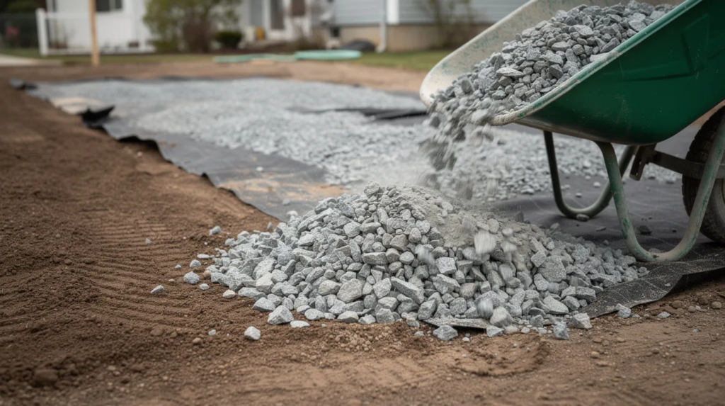 A wheelbarrow is actively dumping #67 stone onto a prepared dirt subgrade, with visible geotextile fabric underneath. This scene is typical in construction and landscaping projects where #67 stone is used as a clean, angular base material for drainage layers, retaining wall backfill, shed pads, and other stable support areas.