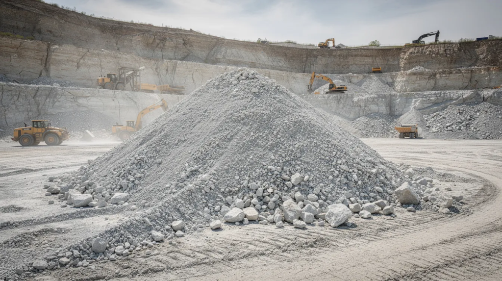 The image shows a large pile of crushed limestone aggregate at an open-air quarry, with various earth-moving equipment in the background, highlighting the material's importance in construction and landscaping projects. This durable limestone can be used for creating driveways, walkways, and garden beds, demonstrating its versatility in enhancing soil structure and drainage. Limestone pricing
