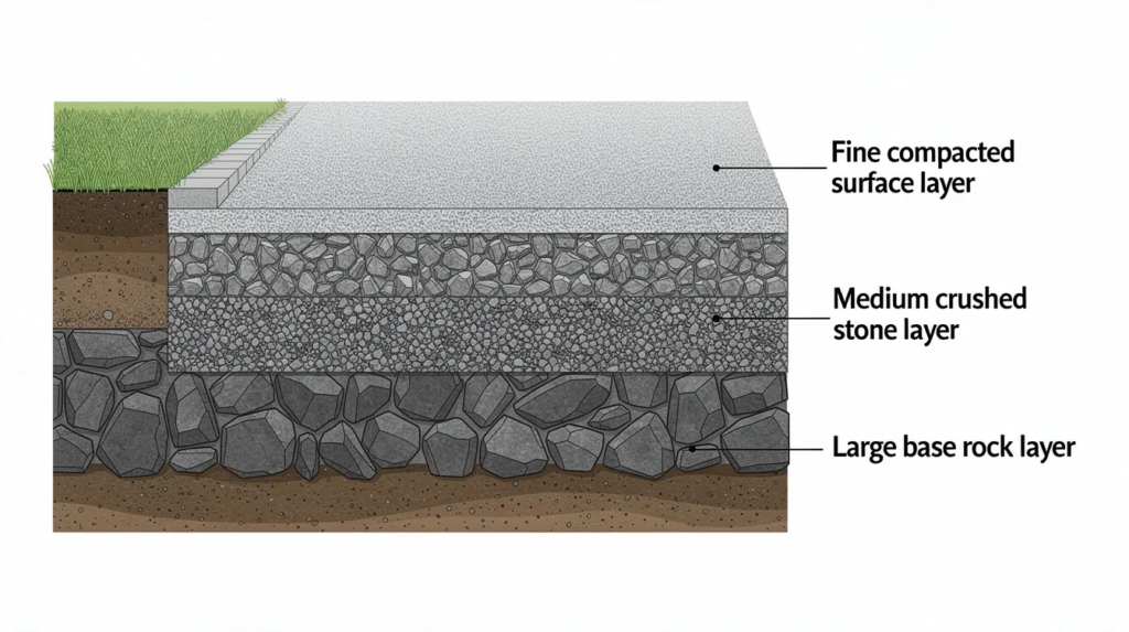 The image depicts a cross-section view of a gravel driveway, showcasing three distinct layers: a solid base of larger stones, a medium layer of crushed stone, and a fine, compacted surface of smooth, small gravel. This layered structure not only provides excellent drainage but also creates a stable and comfortable underfoot surface for construction or landscaping projects.