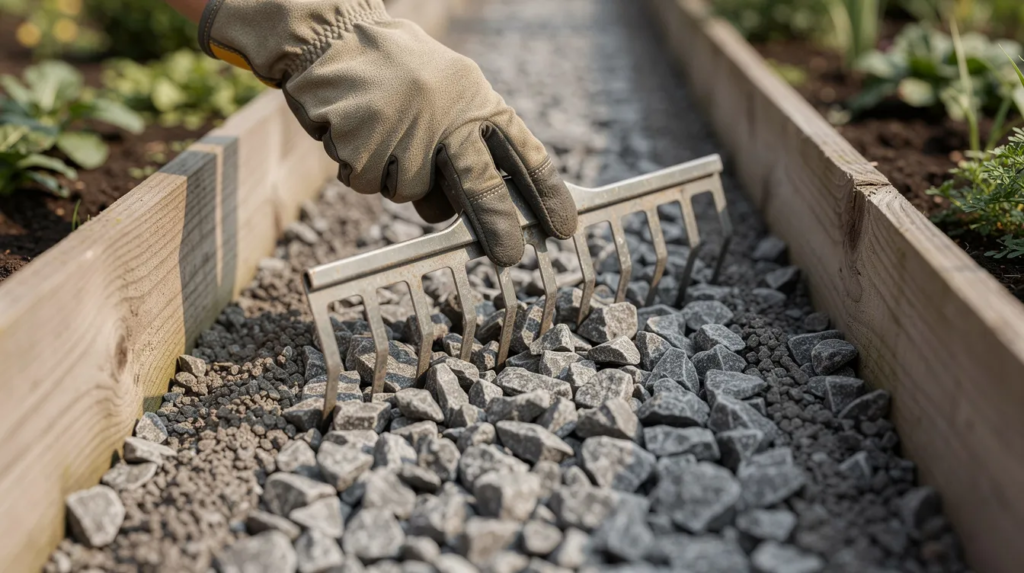 A person wearing work gloves is raking angular gravel along a garden path that is bordered by wooden edging, creating a clean stone surface. The scene captures the effort of maintaining the garden's appearance by removing dirt and debris from the path.