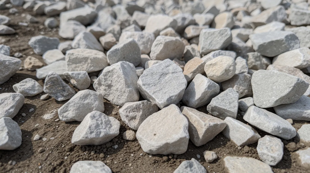 Clean Stone A close-up view of angular crushed limestone gravel pieces, approximately three-quarters of an inch in size, spread over bare ground, showcasing the natural stone texture and earthy tones. The gravel's rough edges and varied shades highlight its suitability for landscaping and outdoor surfaces.