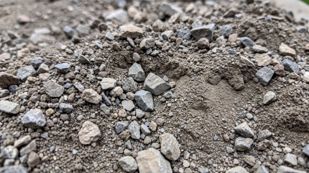 22A Gravel A close-up view of a pile of compactable road gravel showcases a mix of small crushed stone pieces and fine sandy material in gray-brown tones, ideal for use in driveways, parking lots, and road construction projects. The texture highlights the combination of aggregates, including crushed stone and fine particles, which contribute to excellent compaction and drainage properties.