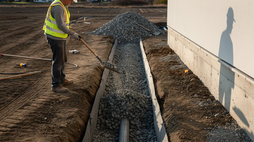A landscape worker is filling a drainage trench with angular crushed gravel, which is a type of clean stone, beside the foundation of a house. The scene shows the worker carefully placing the gravel to ensure proper drainage and maintain the integrity of the stone surfaces around the property.