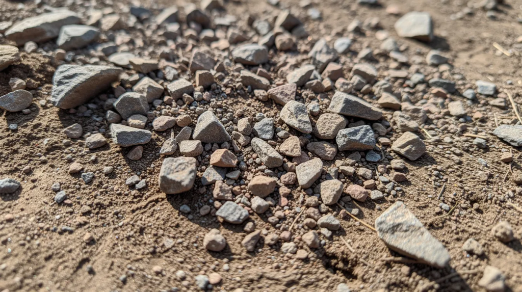 The image shows a close-up view of angular crushed gravel, featuring a mix of larger stone pieces and fine particles with dust, resting on a dirt surface. This type of crushed rock, commonly used for driveways and walkways, demonstrates the texture and composition of materials like 5/8 Minus Gravel, ideal for various landscaping projects.