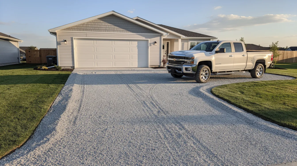 A freshly compacted gravel driveway, made of clean crushed gravel, leads to a residential garage where a pickup truck is parked nearby. The surface is well-maintained, showcasing the use of 5/8 minus gravel as base material for durability and proper drainage.