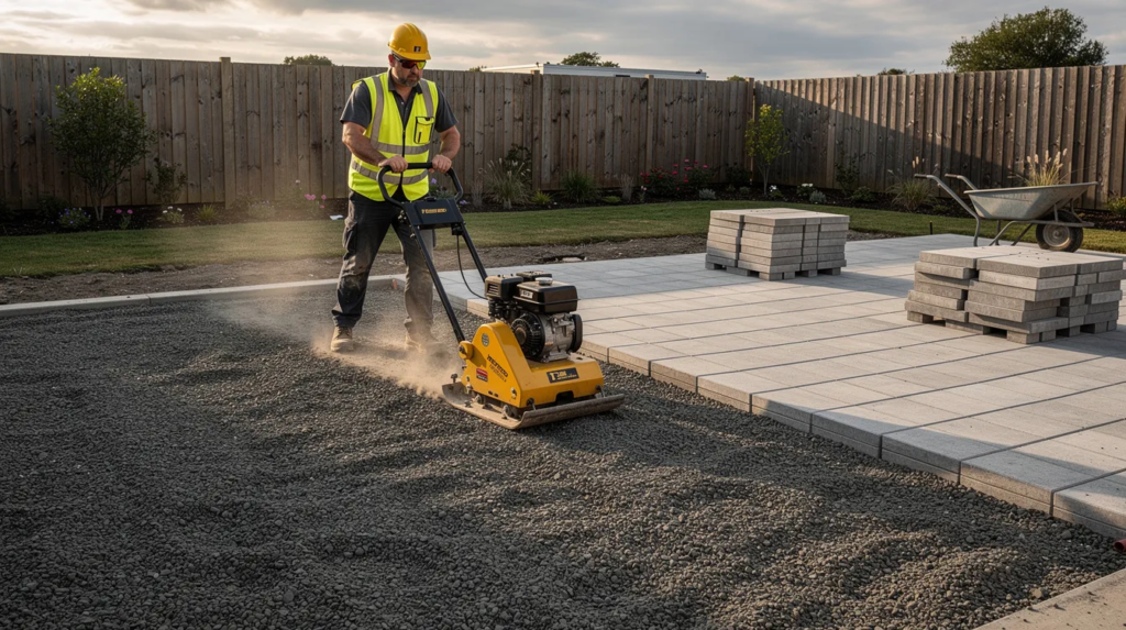 A worker is operating a vibrating plate compactor on a layer of crushed gravel, preparing the base material for a partially built outdoor patio area. The scene illustrates the process of compacting clean gravel, which is essential for ensuring a solid foundation for pavers and retaining walls in residential driveways and walkways.