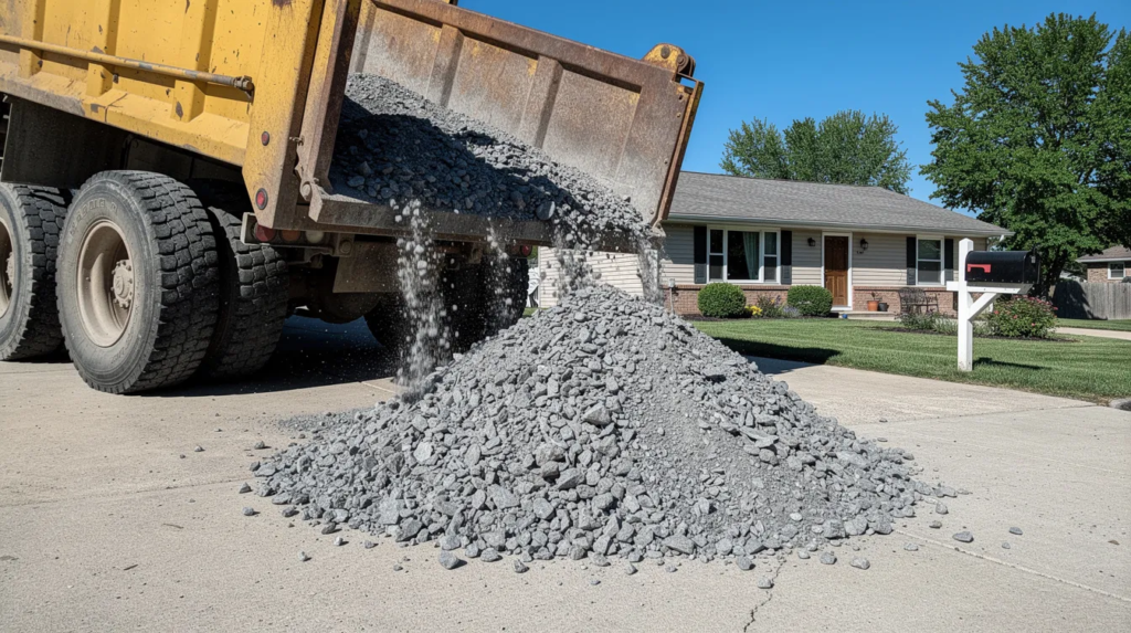 A dump truck is unloading a large pile of crushed gravel onto a residential driveway on a sunny day, ready for landscaping projects. The gravel, often used as a base material, helps show how the price for gravel can depend on delivery, load size, and project type.