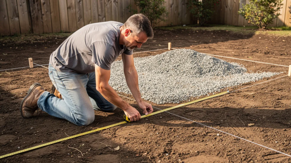A homeowner is kneeling beside a marked-out gravel area on bare soil, using a tape measure to determine the dimensions for their gravel driveway project. This careful measurement will help them estimate how much gravel, crushed stone, or crushed limestone is needed for the area, considering factors like depth and cost per ton.