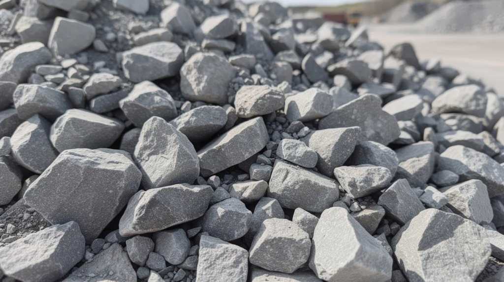 A close-up view of angular grey crushed stone aggregate pieces is displayed in a large pile at an outdoor quarry yard, showcasing the texture and size variations of the material commonly used for applications like retaining walls, French drains, and driveways. This 57 stone aggregate, often sold by the ton, helps explain the cost of 57 stone for drainage, backfill, and landscaping projects.