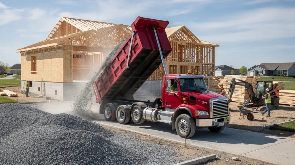 A large red dump truck is parked at a residential home construction site, unloading a substantial quantity of crushed gravel aggregate, commonly used for building driveways and retaining walls. This delivery of material, which may include 57 stone and washed stone, is essential for ensuring proper drainage and backfill in the construction process.