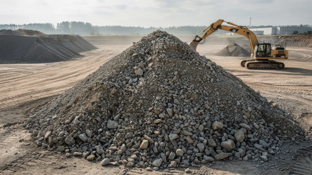 The image shows a large pile of crushed road base gravel at a quarry yard, with an excavator in the background, ready to assist in the delivery and processing of this essential material for projects like driveways and drainage systems. The gravel is comprised of limestone and stone fines, showcasing its size and suitability for various construction applications.