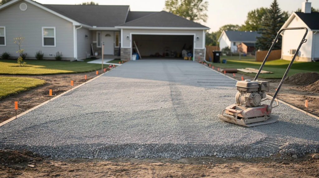 A residential driveway under construction features a compacted gravel base layer, made of limestone and stone fines, with a plate compactor positioned nearby for the compaction process. The gravel material is essential for proper drainage and durability, ensuring the driveway holds up over time.