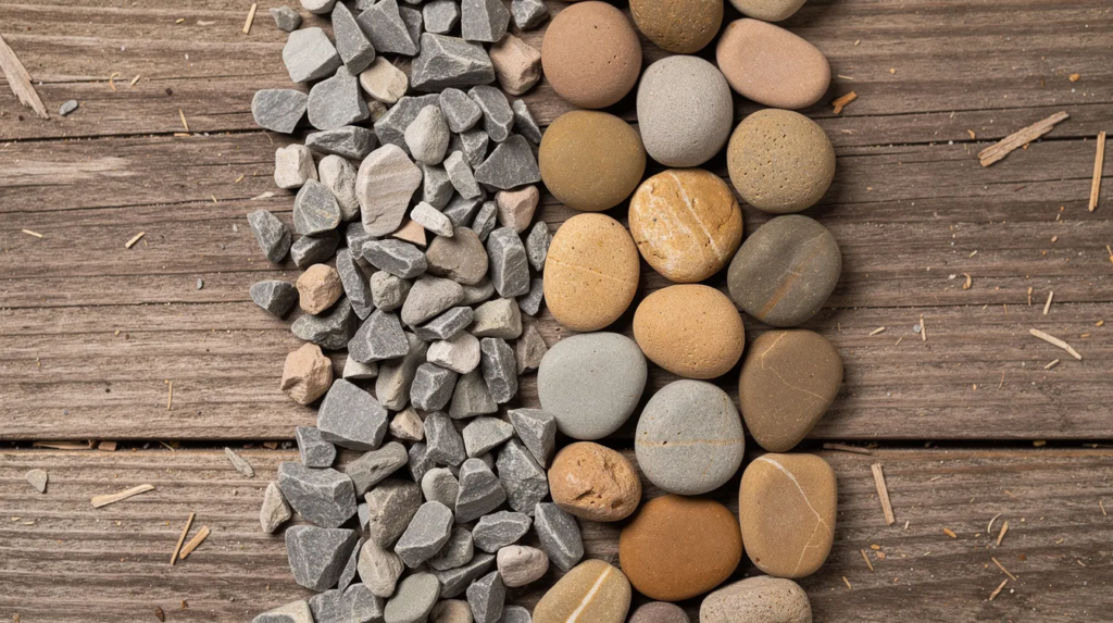 The image features a close-up view of various types of washed gravel, showcasing angular crushed stone alongside smooth rounded river rock, all displayed on a wooden surface. This contrast highlights the different textures and colors of the gravel, ideal for landscaping projects like garden beds and pathways.