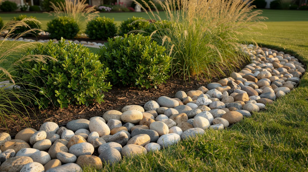 A decorative garden bed features smooth washed river rock encircling vibrant green shrubs and ornamental grasses, creating a beautiful and well-landscaped area. The combination of textures and colors enhances the overall appearance of the garden, making it an inviting space.