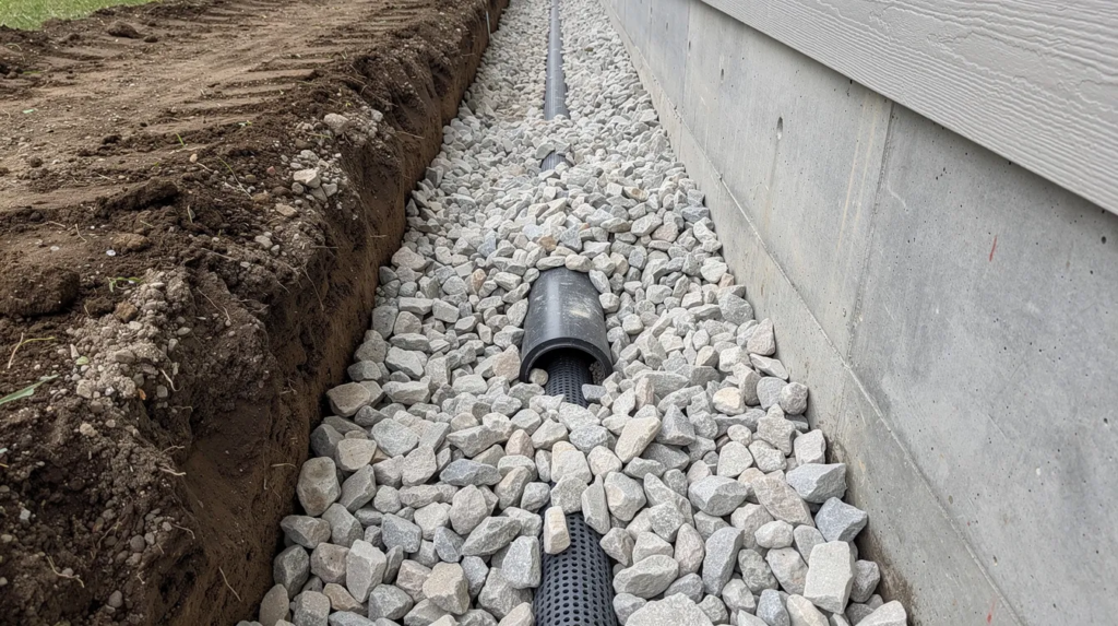 The image depicts a French drain trench filled with clean, angular washed gravel, positioned next to a house foundation. This smooth-textured gravel serves as effective drainage material, helping to protect the home from water accumulation.