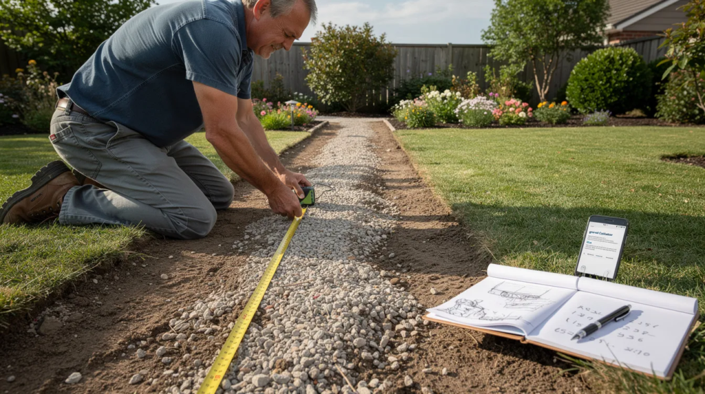 A homeowner is measuring a garden pathway area with a tape measure, preparing to order smooth pea gravel for landscaping. The scene captures the careful planning involved in creating beautiful walkways and garden beds.