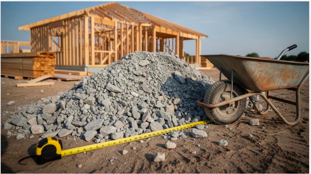 The image shows a large pile of loose gravel on a residential construction site, accompanied by a measuring tape and a wheelbarrow. This gravel, which can be used for various landscaping projects, may weigh around one ton per cubic yard, depending on its moisture content and particle size.