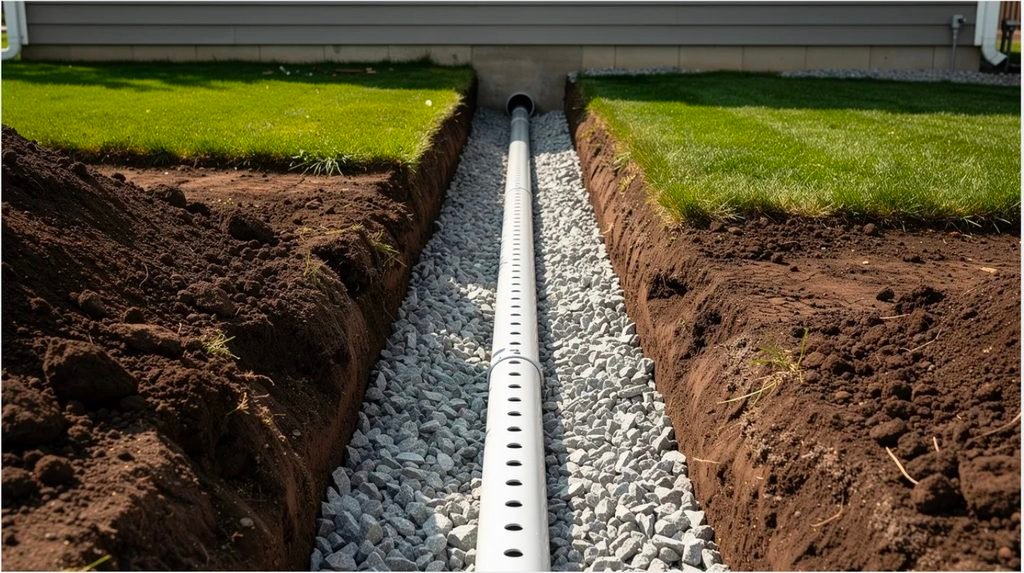 The image depicts a freshly dug trench in a residential yard, filled with clean angular crushed stone that surrounds a perforated drainage pipe, illustrating effective drainage systems. The crushed stone, likely of various aggregate sizes, provides excellent drainage while ensuring stability for landscaping or construction projects.