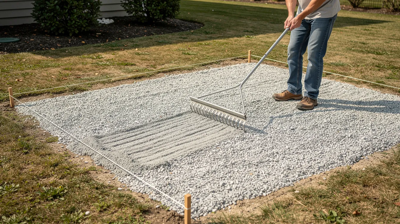 A homeowner spreading and leveling crushed stone with a rake in a rectangular landscaping area measured for a rock calculator estimate.