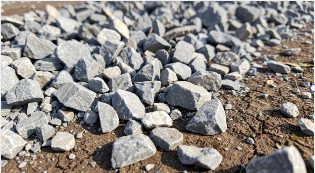 A close-up view of a pile of angular gray crushed stone aggregate pieces, commonly known as 57 stone, resting on bare ground. This coarse aggregate is often used in construction and landscaping projects, including drainage systems and retaining wall backfill.