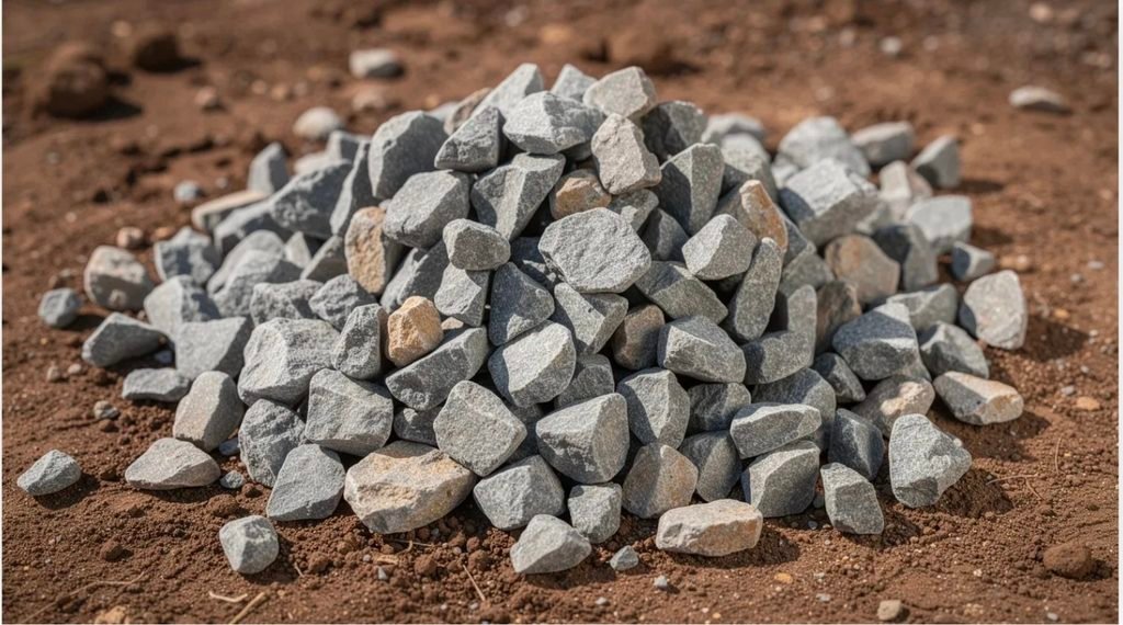 The image shows a close-up view of a pile of angular gray crushed limestone gravel pieces, each approximately three-quarters of an inch in size, resting on bare dirt. This type of gravel is commonly used in landscaping projects, such as for constructing retaining walls and improving drainage in wet areas. (57 rock)