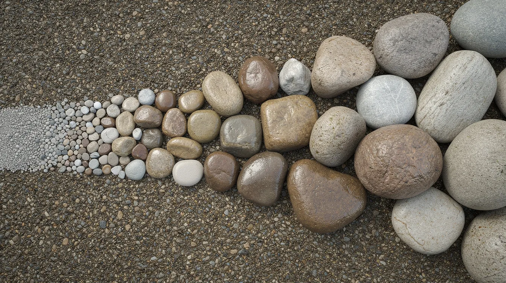The image displays an assortment of river rocks, ranging from small pea gravel to larger cobbles, neatly arranged on a gravel surface, showcasing a variety of colors and textures ideal for enhancing dry creek beds or landscaping projects. This visual representation helps in choosing the perfect stones for your needs.