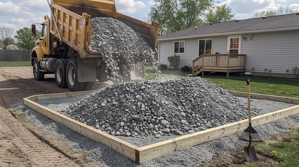 A dump truck is delivering a large load of river rock onto a residential gravel pad, showcasing various sizes and colors of stones that will be used for landscaping. The texture of the gravel and rocks is ideal for creating dry creek beds or decorative features in outdoor spaces.