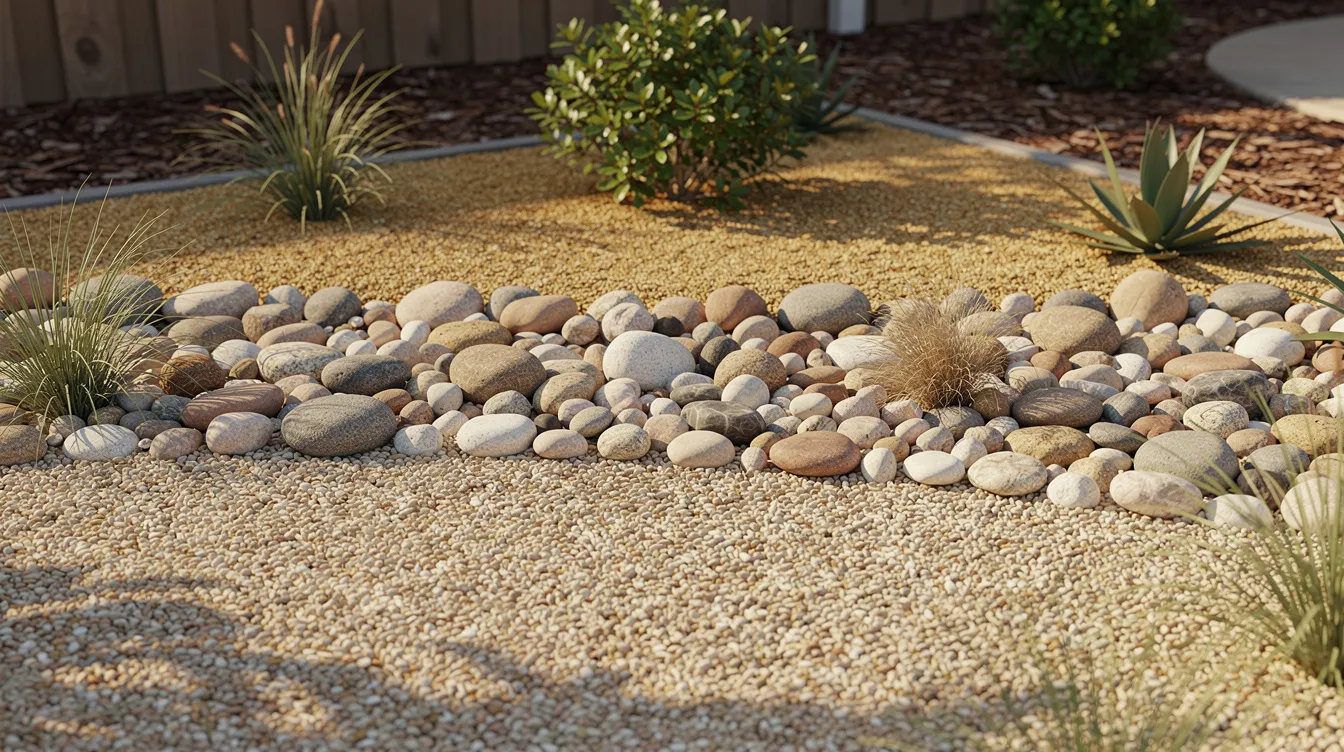 The image showcases a variety of decorative landscaping stones, including smooth pea gravel, rounded river rocks, and crushed granite, spread across a garden bed, adding texture and visual interest to the outdoor space. This selection of natural stone products enhances the landscape design, making it ideal for creating pathways and flower beds.