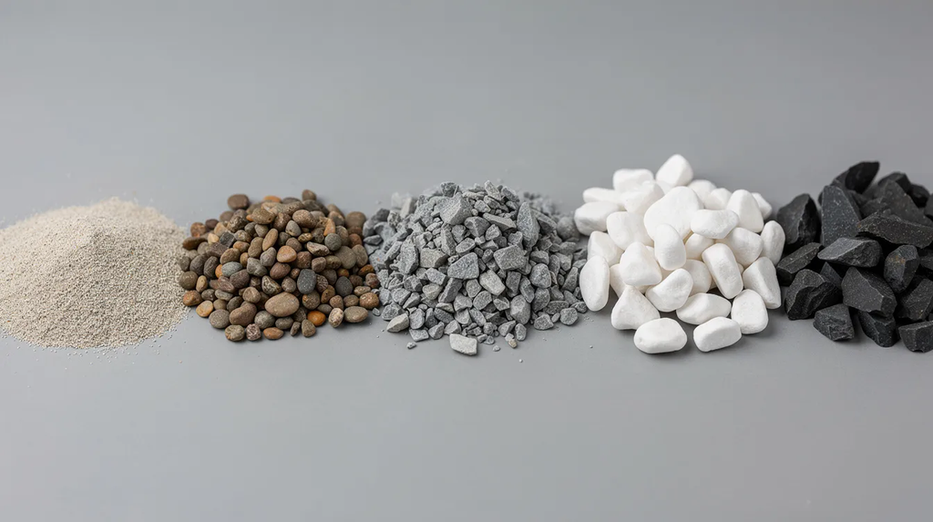 The image shows a close-up view of five distinct piles of gravel and stone, each featuring different textures and colors, ideal for landscaping projects. These materials, including river rocks and decorative stones, can be used to enhance outdoor spaces such as gardens, pathways, and fire pits, adding visual interest and natural beauty.